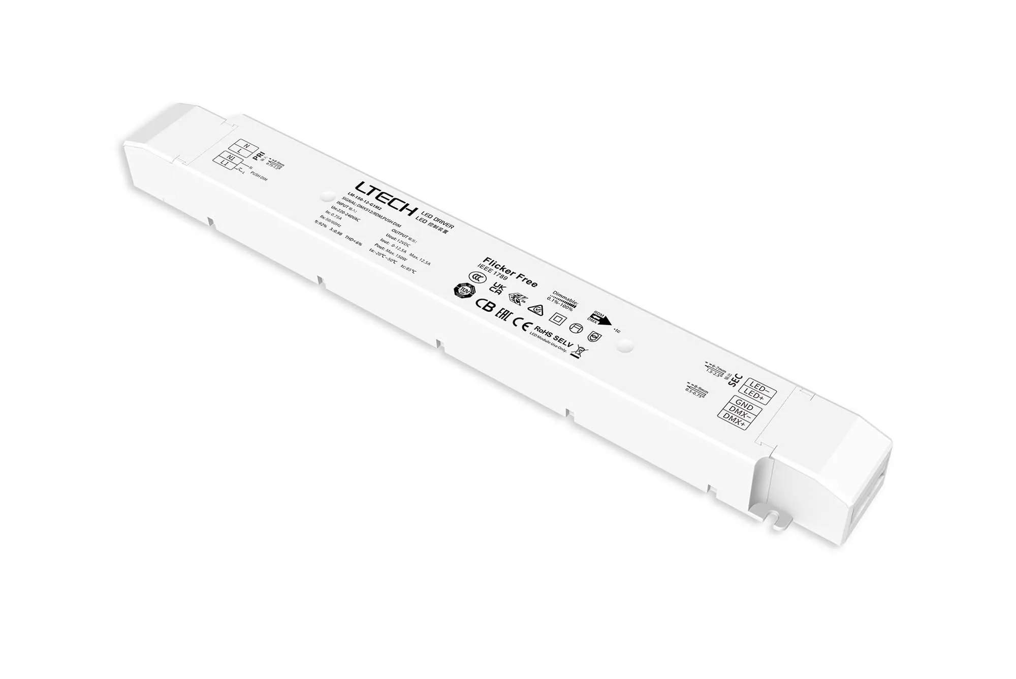 DMX512/RDM/Push DIM, 0-100% Dim, CV 150W, 12Vdc 12.5A, 200-240Vac, IP20, 5yrs Warranty. LM-150-12-G1M2  LTECH DMX Constant Voltage
